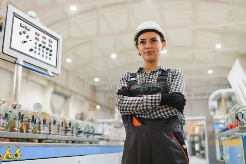 confident female engineer crossed arms overseeing production line modern pvc window door factory supervising 404383374