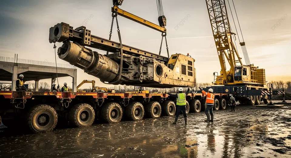 pngtree heavy machinery being lifted by a large crane onto multi axle image 20369822