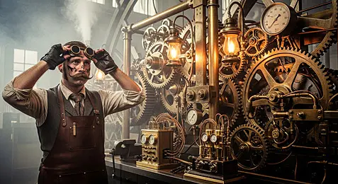 pngtree steampunk inventor adjusting goggles amidst intricate machinery and gears image 20707340